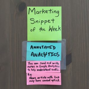 Marketing Snippet of the Week: Annotated Analytics. You can read and write notes in Google Analytics to help understand traffic. e.g. News article with link may have caused uptick.